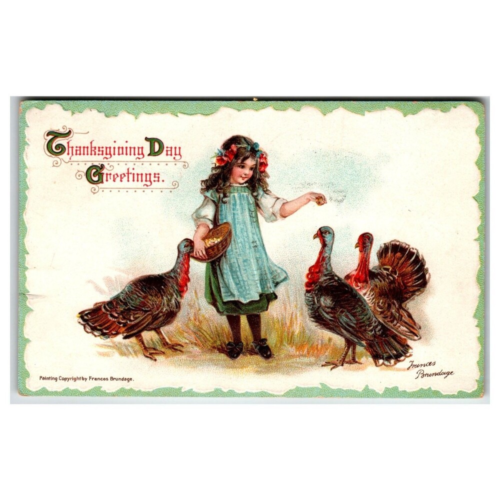Frances Brundage Thanksgiving Girl Feeding Turkeys Postcard 1912 Germany